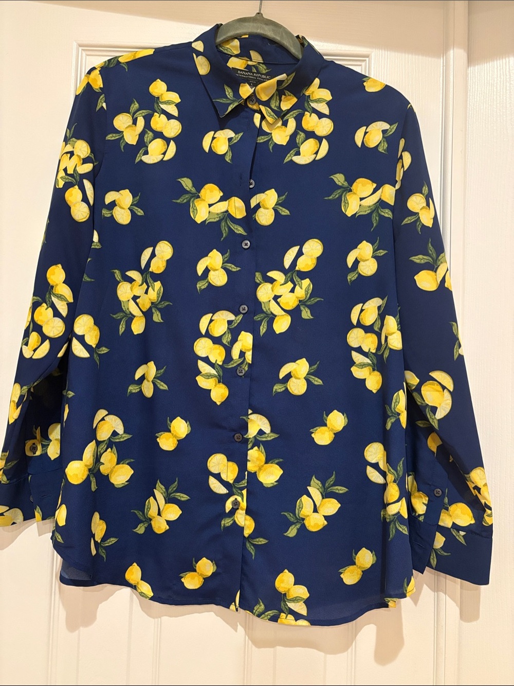 Banana Republic Navy Button-Up Shirt with Yellow Lemon Print